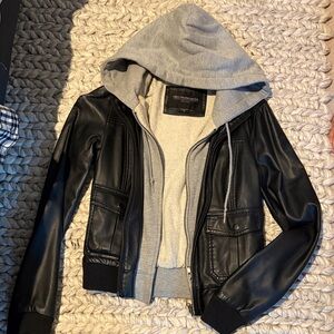 Obey Black Leather Jacket with Gray Hoodie